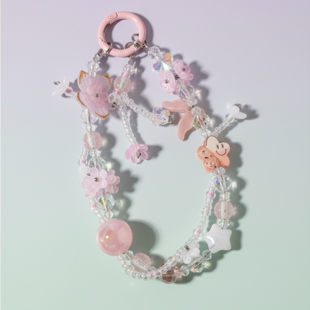 Handmade Pink and Clear Beaded Charm Phone Chain